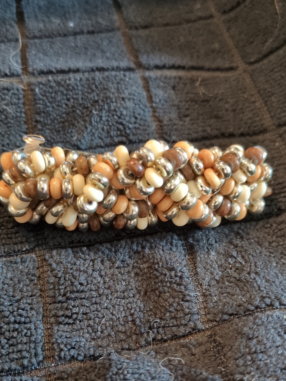 Handmade Beaded Barrette - Cream, Tan & Silver